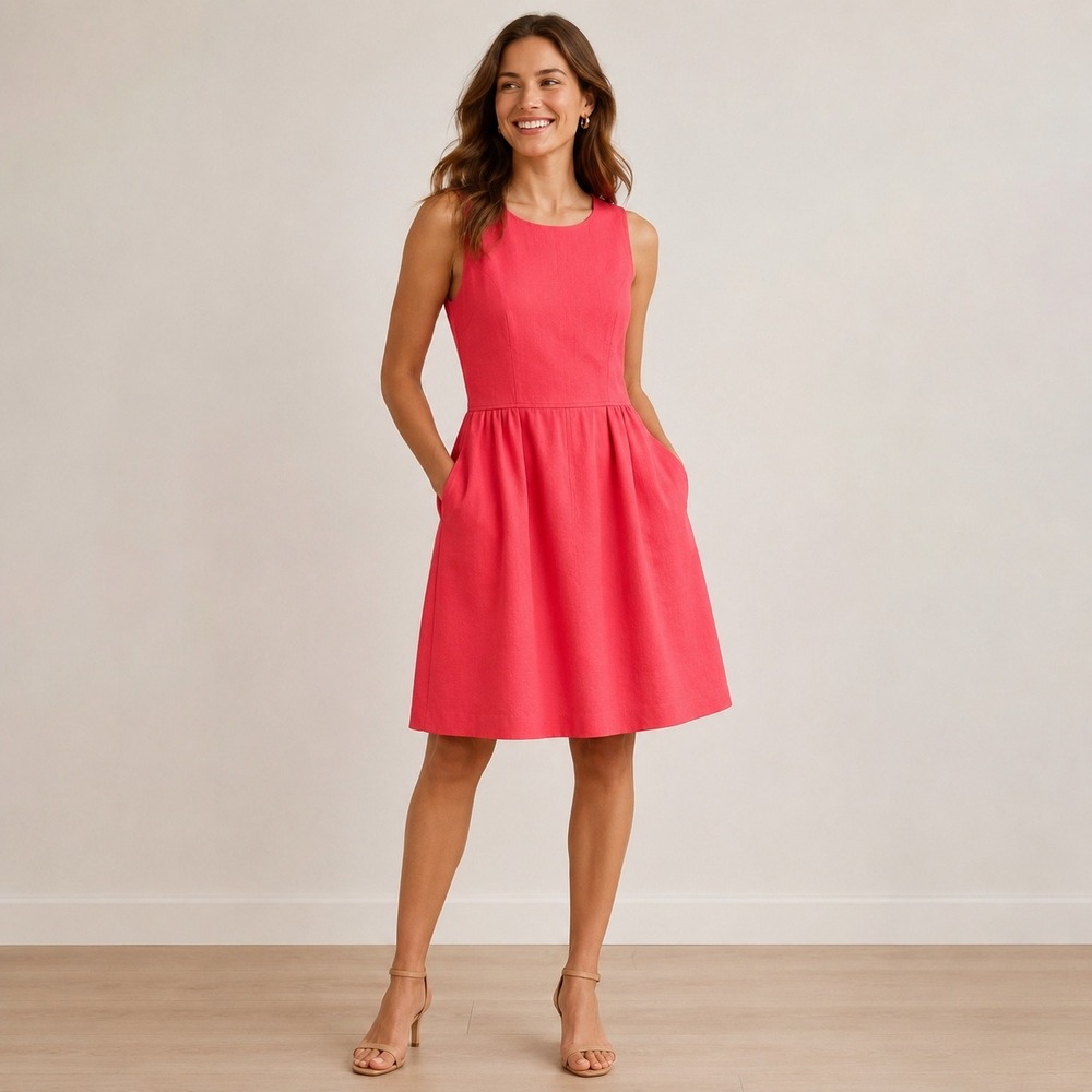 J.Crew Fit and Flare Dress Womens 4 Pink Coral Preppy Textured Cotton Pockets